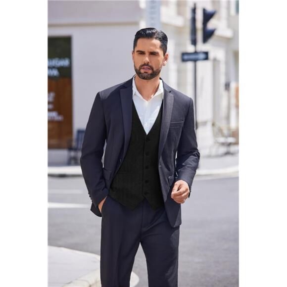 Men's Tweed Suit Vests Slim Fit Waistcoat Black - Picture 5 of 7